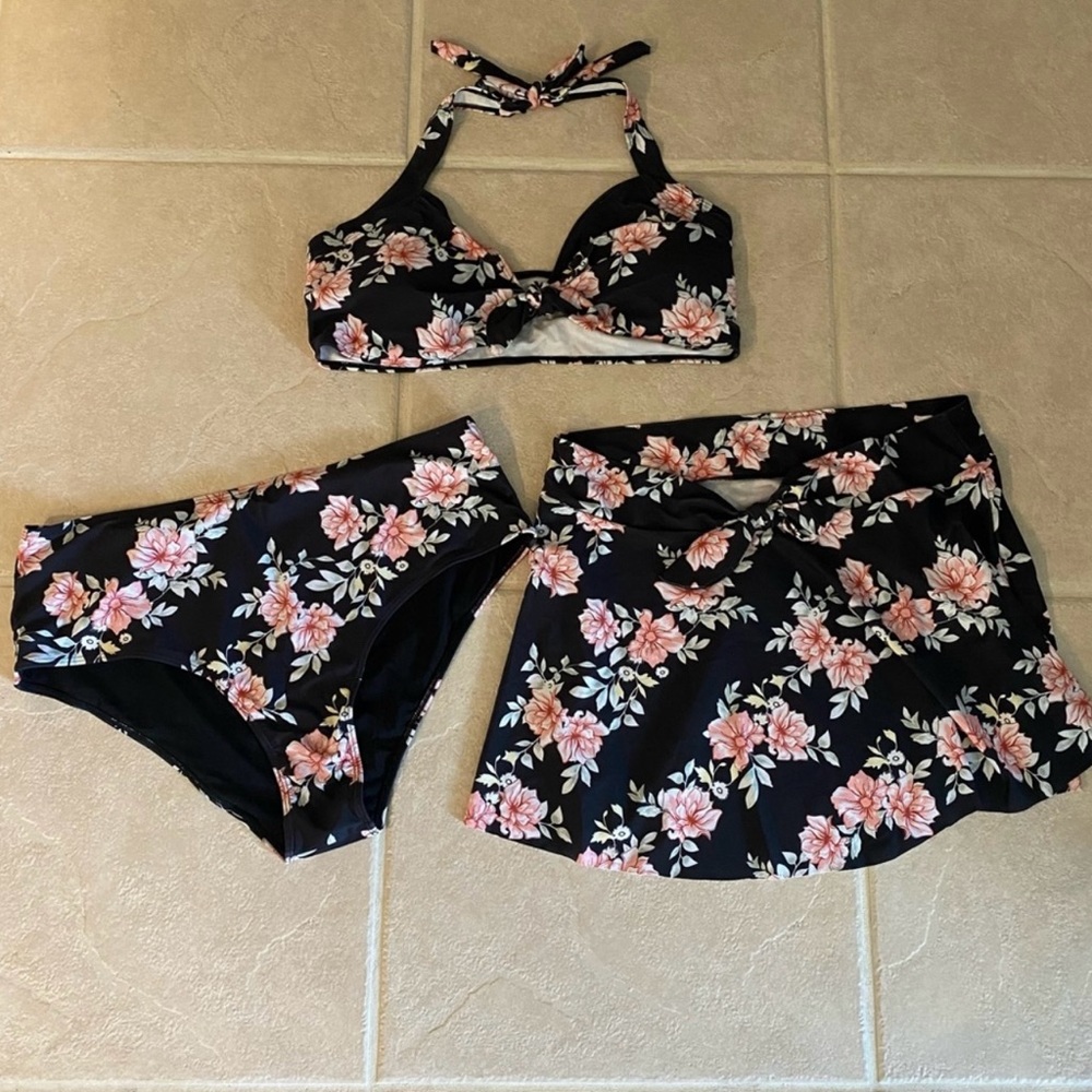 SHEIN 3 piece floral black bikini with skirt 4xl